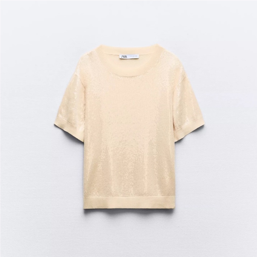 ZARA Cream Short Sleeve Knit Top S ivory cream beige with clear sequins